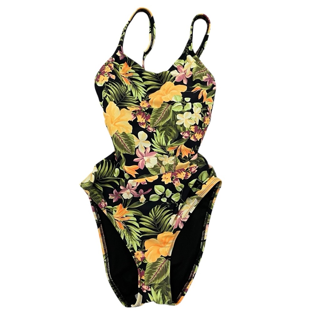 Hurley Tropical One Piece Swimsuit Black Yellow Floral Botanical Large NEW